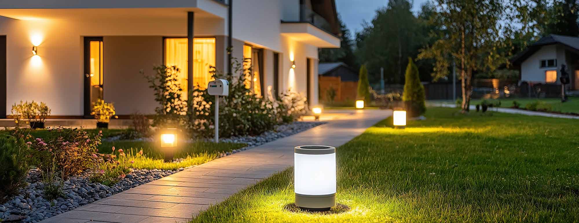 Home with outdoor lighting around their walkway on a summers evening