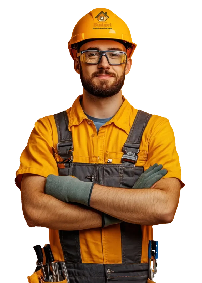 Cut out of a Budget Electric & Generator worker with arms crossed and no backround