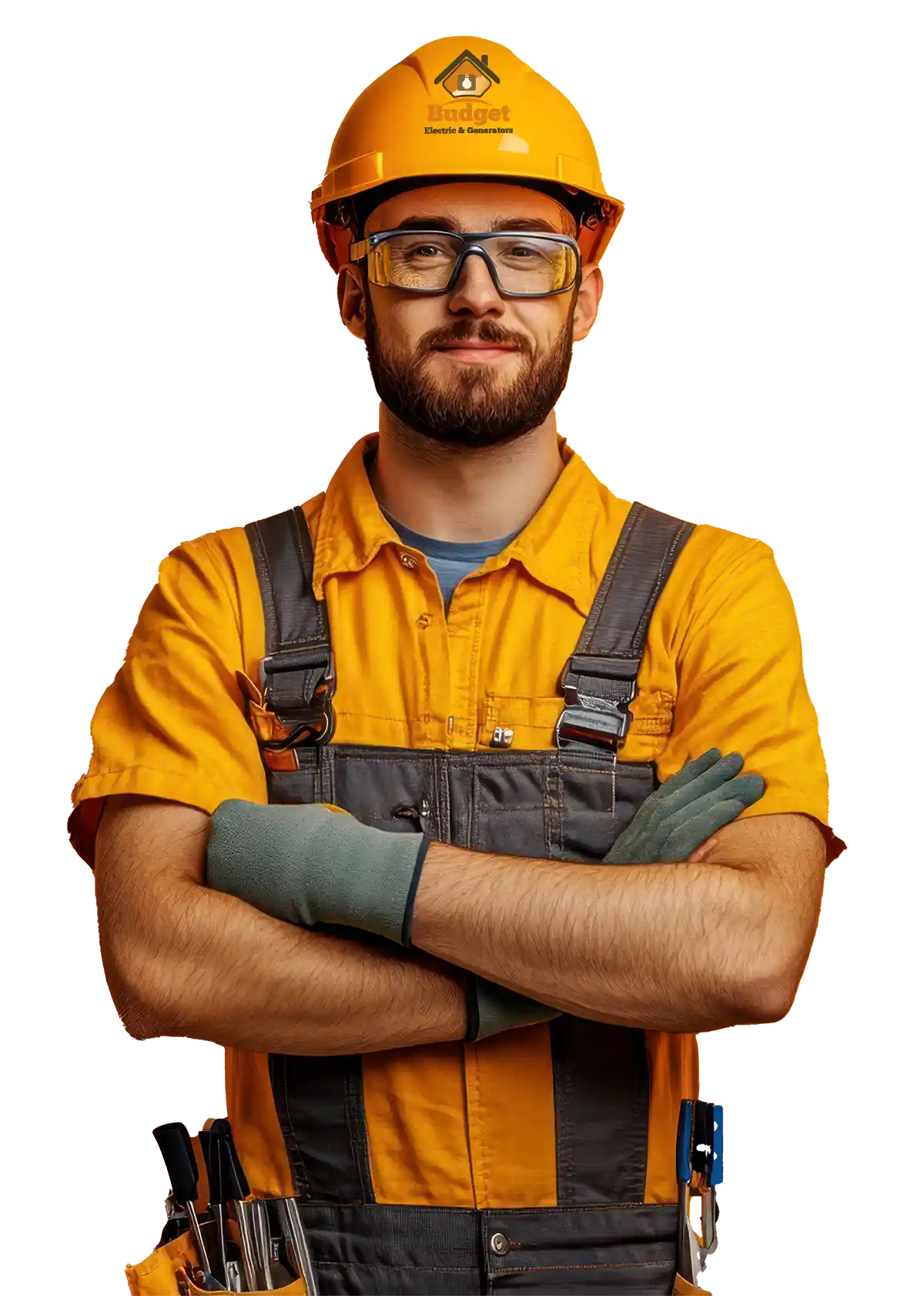 Cut out of a Budget Electric & Generator worker with arms crossed and no backround