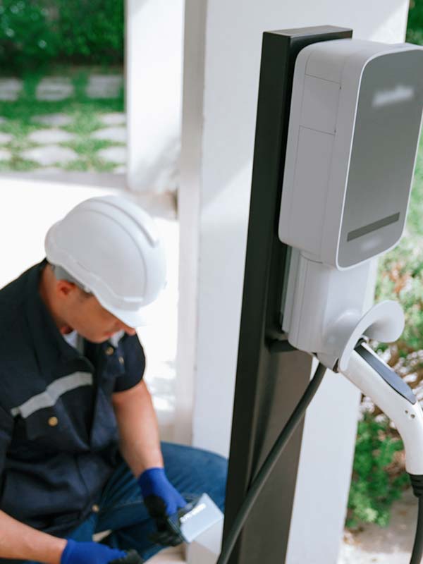 Electrical worker installing a EV Charging station at someone's home.